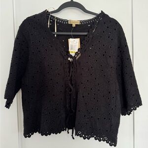 NWT Democracy Black Eyelet short sleeve. Tie front Blouse.